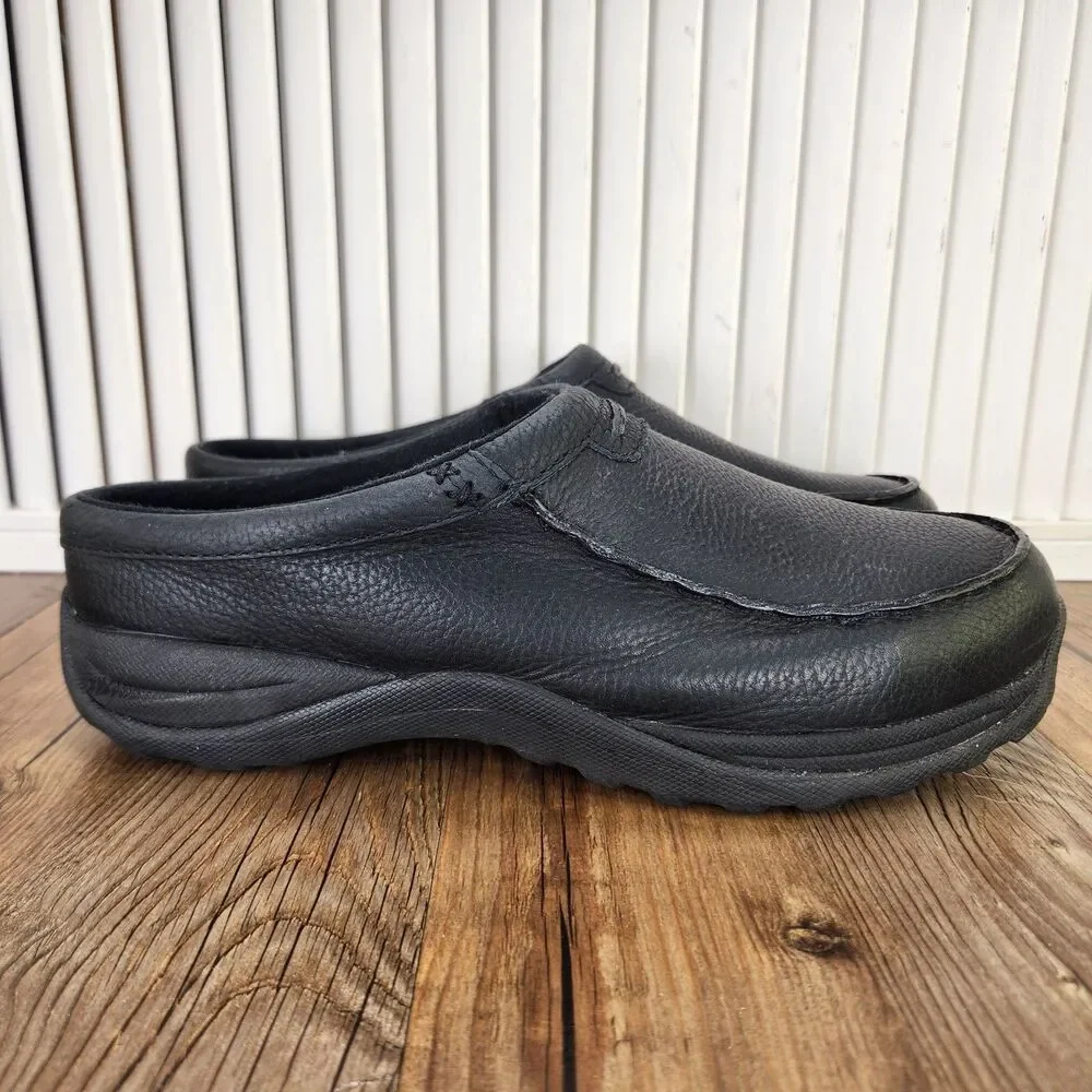 LL Bean Comfort Mules Mens Sz 10 Wide Black Pebbled Leather Slip On Fleece Lined